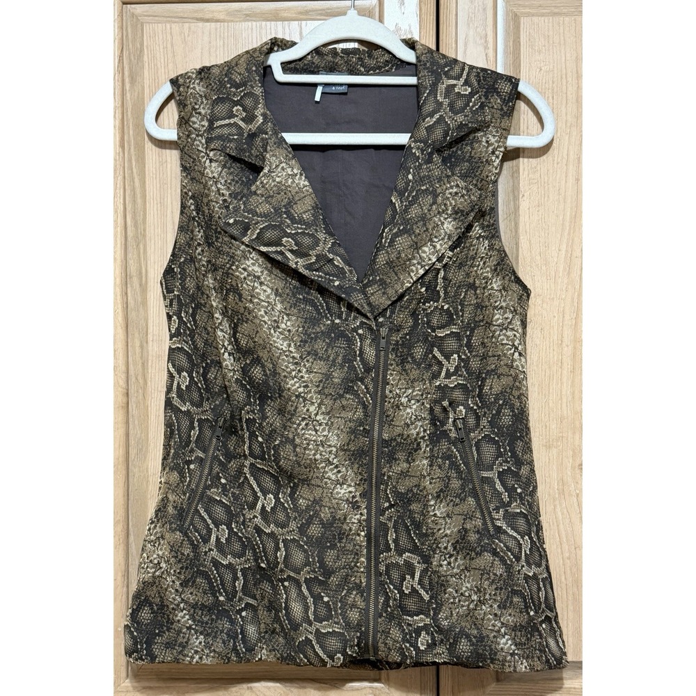 Snake Print Blouse Vest Women's Size M Brown Zip Front Sleeveless Collared Top